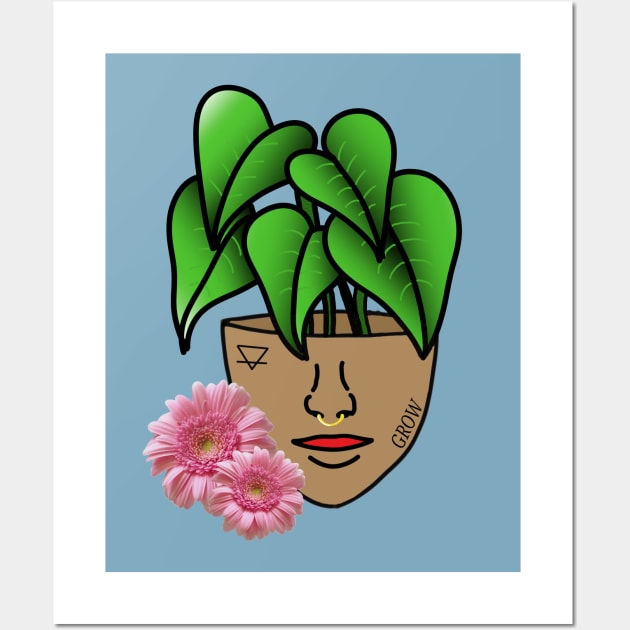 Surreal Tropical House Plant, Pot Head, with Pink Gerber Daisy Wall Art by Tenpmcreations